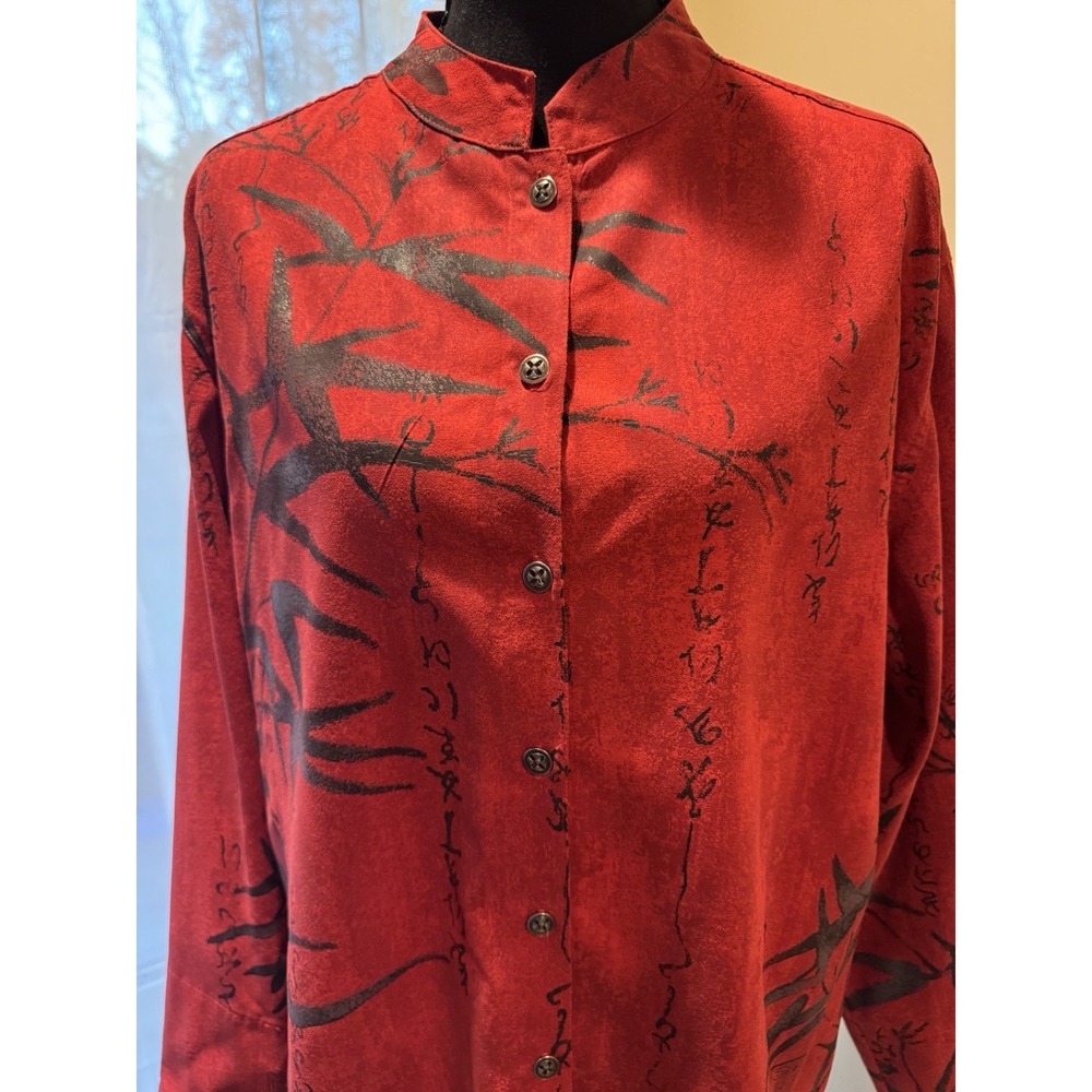 Red Black Abstract Button-Front Mandarin Collar Long Sleeve Cotton Blend Top M